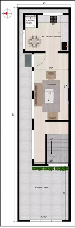 15x60 house design west facing 2bhk duplex plan Ground Floor Plan