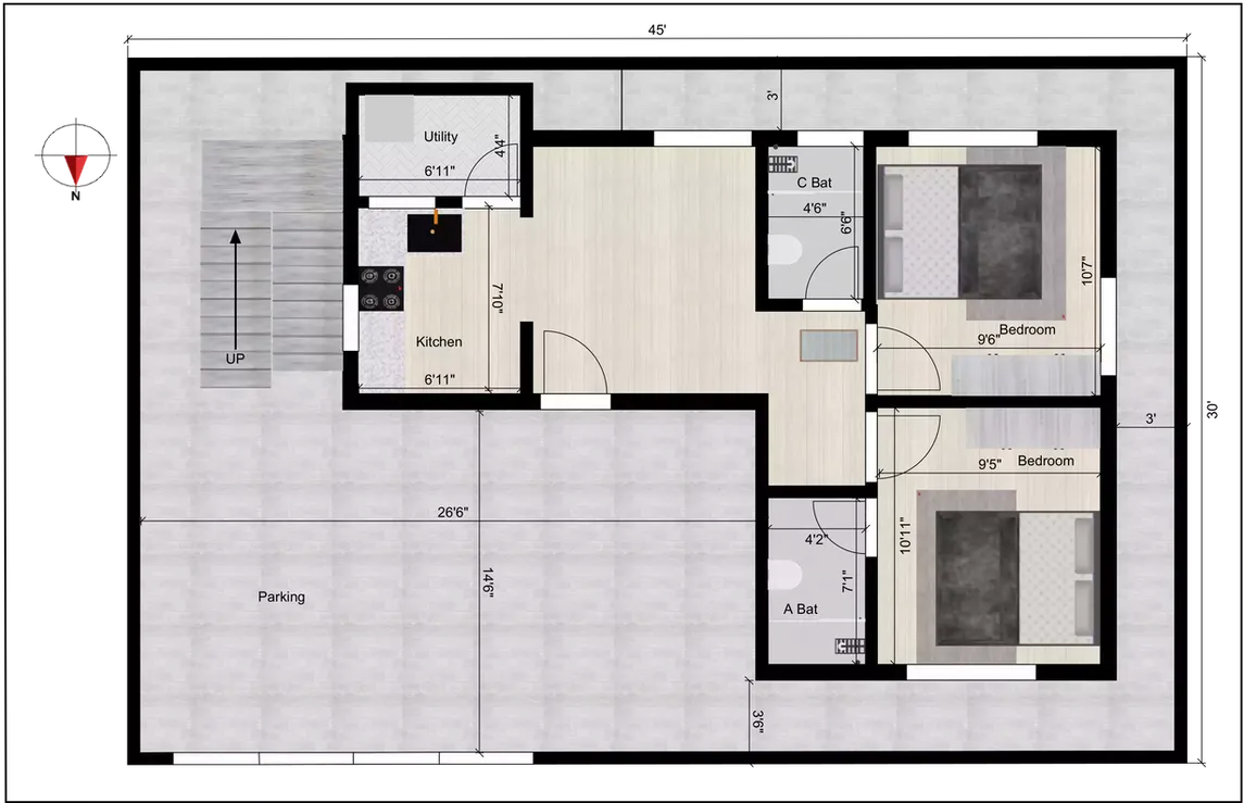 45 feet by 30 feet rent plan Ground Floor Plan