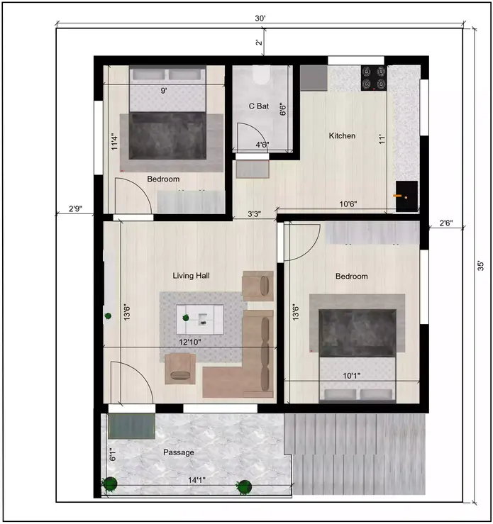 30 by 35 house plan 3d 2bhk west facing of the Residential building 1st Floor Plan