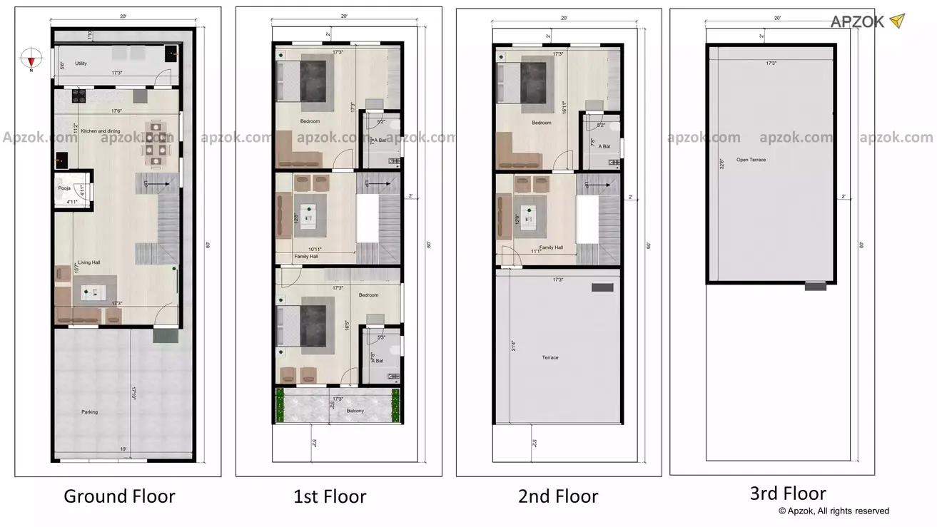 20 60 house plan with car parking north-facing duplex plan with G+3 floors