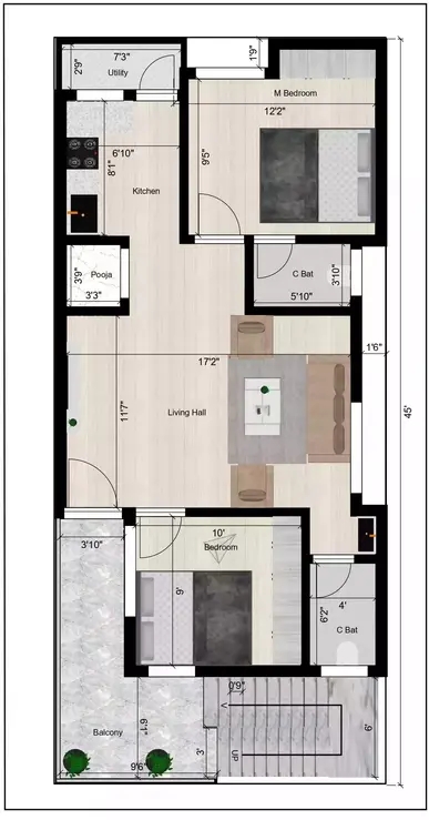 20 x 45 building plan 2bhk typical floor of the Residential building Typical Floor Plan