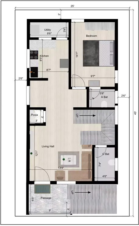 25 * 45 plot design plan of the Residential Building 1st Floor Plan