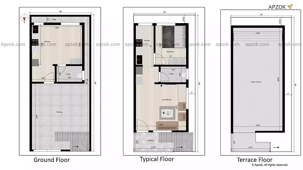 Thumbnail — 18 × 40 ft (5.49 x 12.19 m) 1BHK North house plan, Plan RB0042