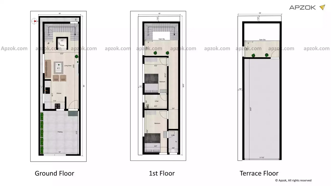 15 x 50 east facing house plan 2 bedroom Duplex of the Residential building