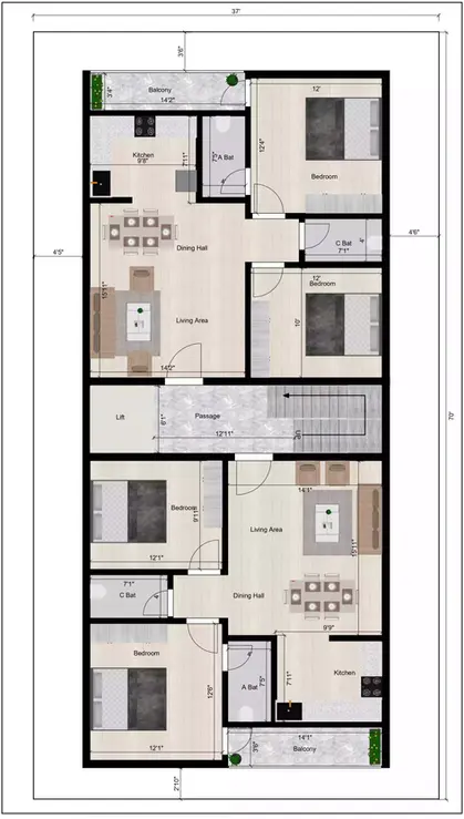 37 * 70 house plan 2 portion 2bhk plan 1st Floor Plan