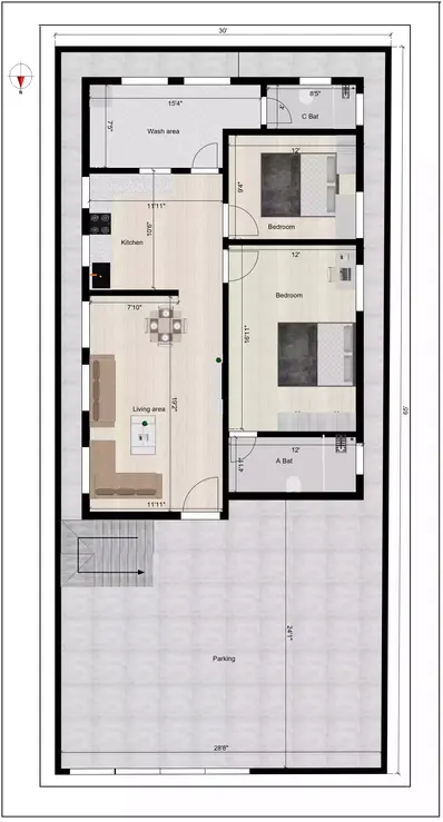 30 by 65 house plan north facing of the Residential building Ground Floor Plan