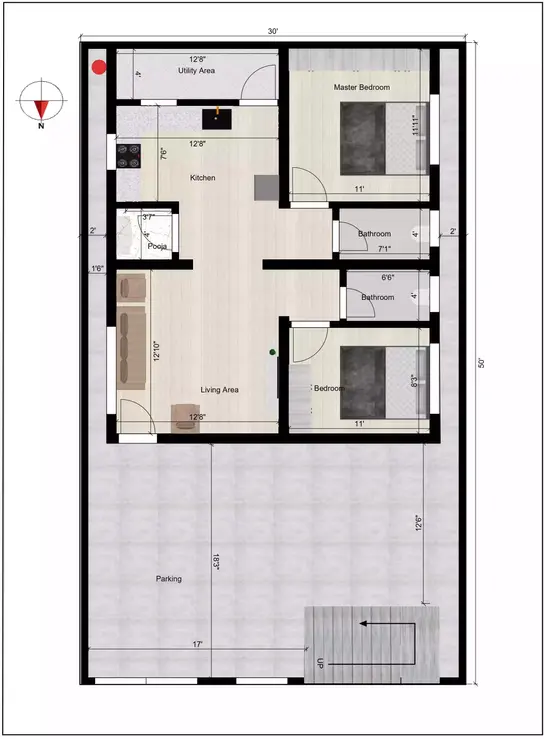 a north-facing 30' × 50' luxurious rental house with ample parking space ground floor plan