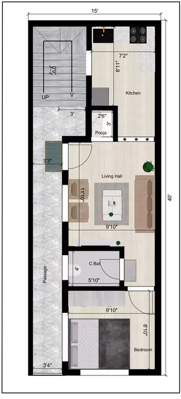 15 * 40 1 bhk house plan of the Residential building 1st Floor
