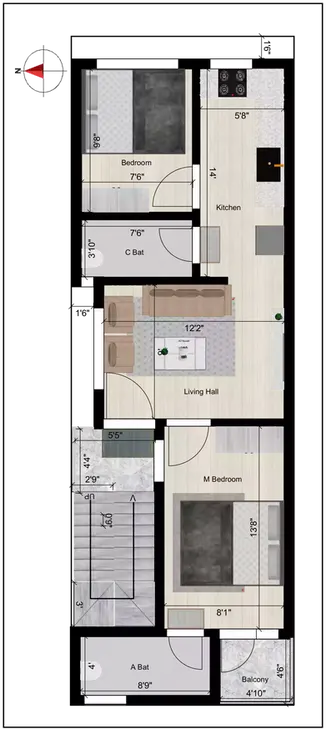 15 45 house plan 2 bhk typical floor plan 1st floor