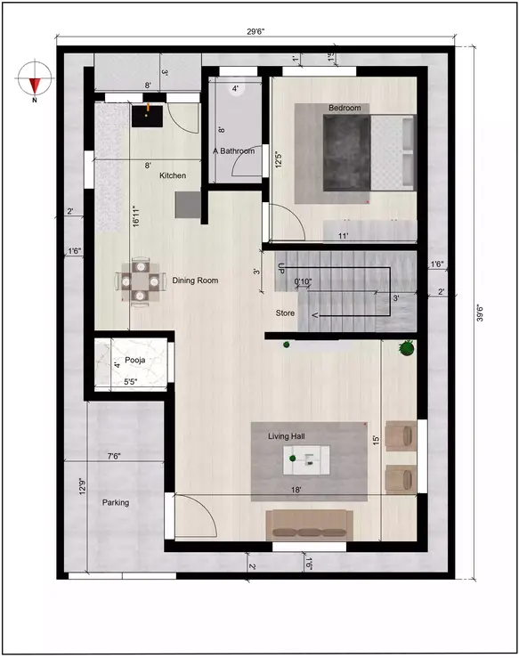 29’6” 39’6” feet house design north facing plan of the Residential building Ground Floor Plan