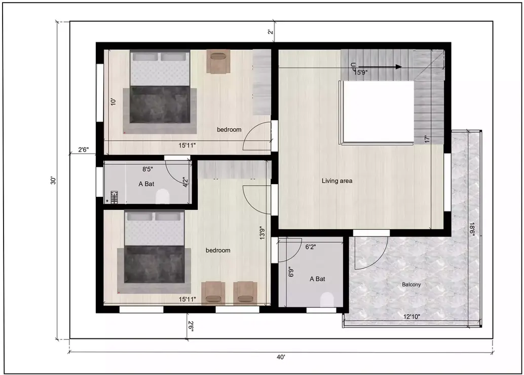 3bhk house plan in 40 * 30 plot 1st Floor Plan