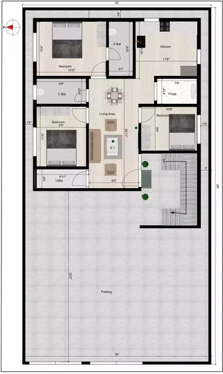 36 * 68 house plan west facing of the Residential building Ground Floor Plan