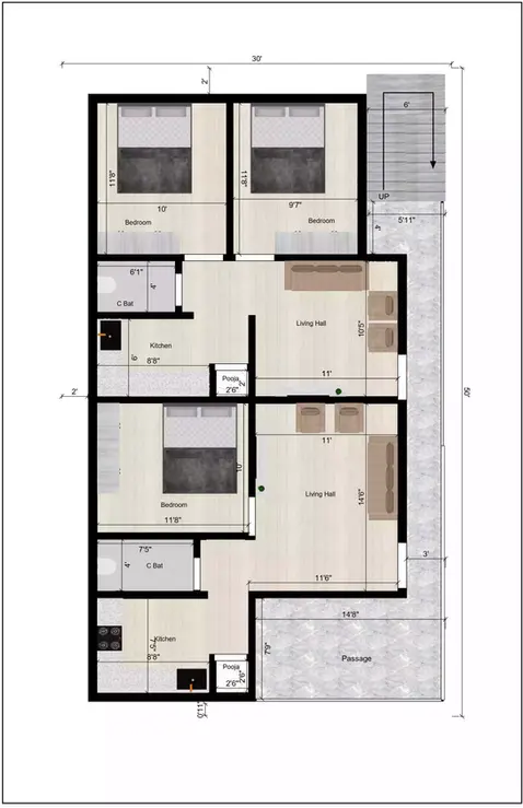 30′ × 50′ east-facing plot, primarily designed for rental purposes 2nd floor plan