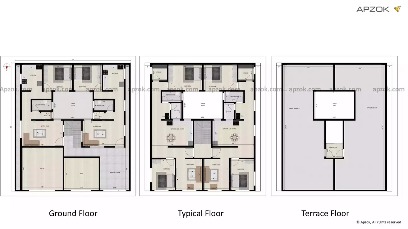 North direction with size is 45’x 50’ feet appartment 2BHK House Plan