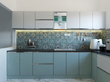 Kitchen interior design with teal and white colour laminates combination