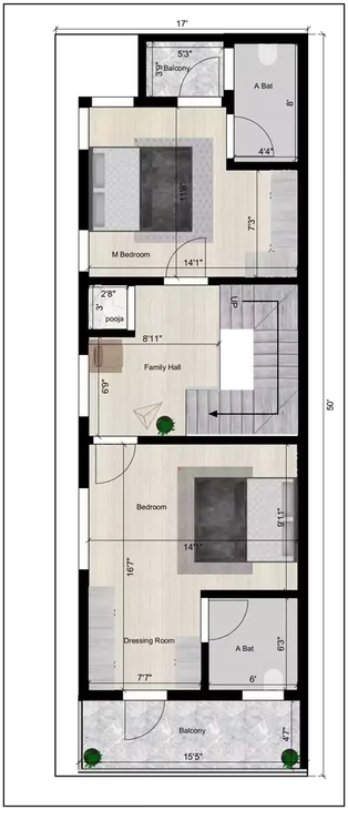 17 * 50 duplex house plan 3bhk north face of the Residential building 1st Floor Plan