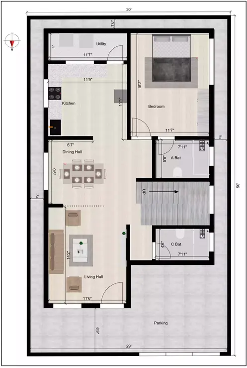 30 by 50 house plan 3d of the Residential building ground floor plan