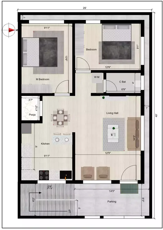 26 * 40 house plan for rent of the Residential building Ground Floor Plan