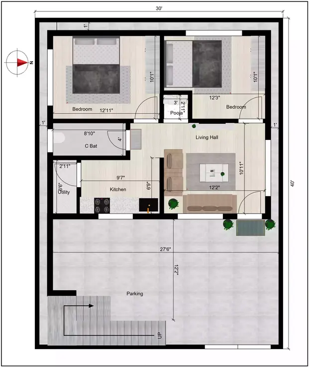 30 * 40 east face house plan with car parking, with an efficient G+3 floor layout Ground Floor plan
