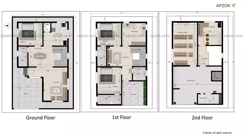 3BHK Duplex West Facing 30x45 ft House Blueprint | RL0174