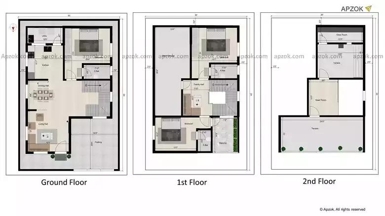 North Face 3BHK Duplex House Layout 30x40 ft | RL0192