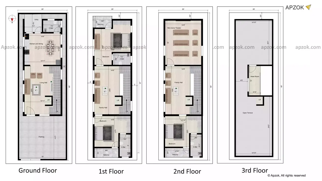 20 * 60 house plan 3bhk with car parking