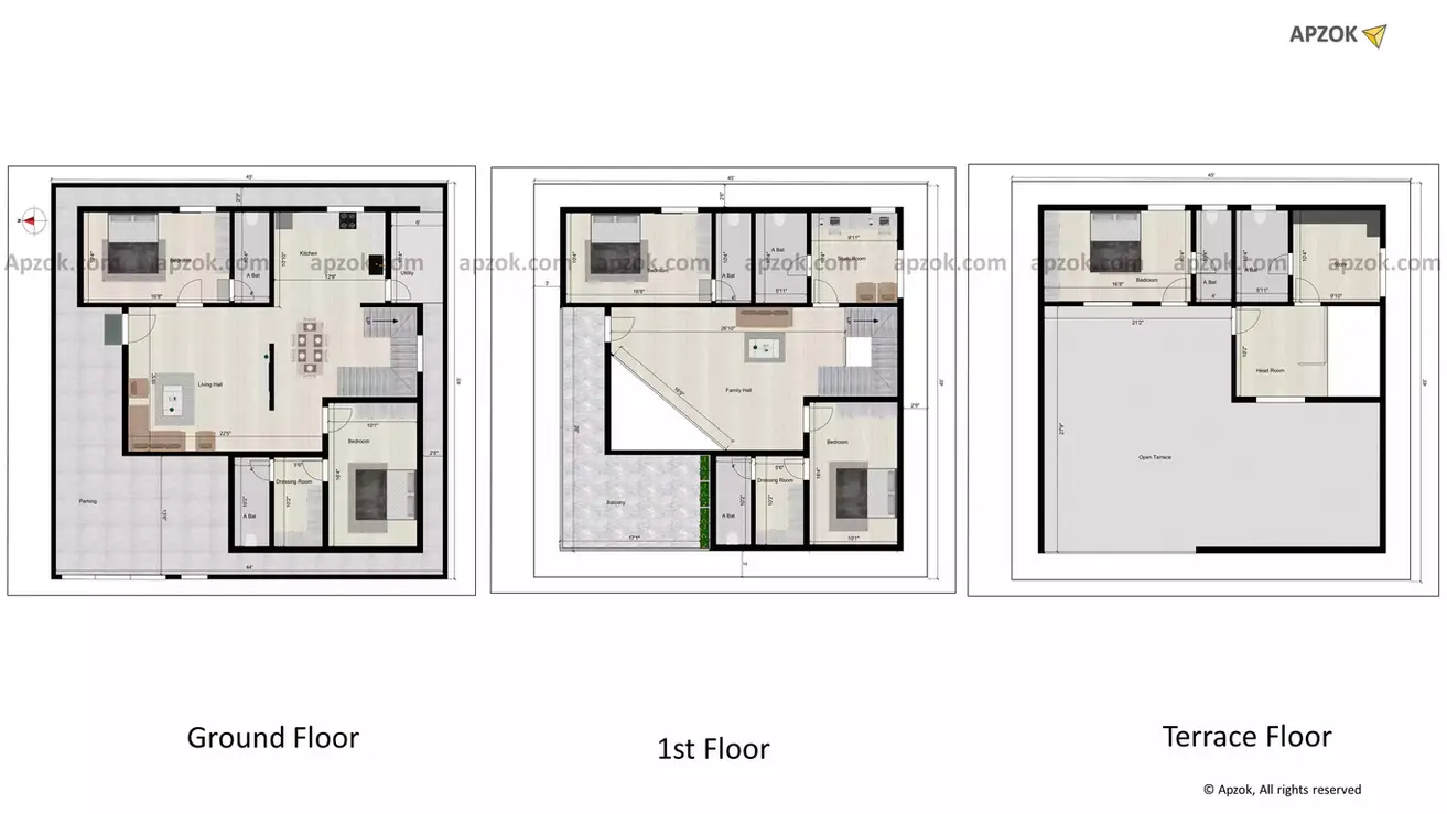 Duplex house 45 x 45 plan of the Residential building facing in West direction