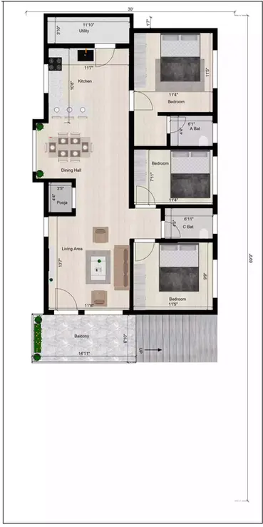 30 by 70 house 3bhk with 1bhk plan 1st Floor Plan