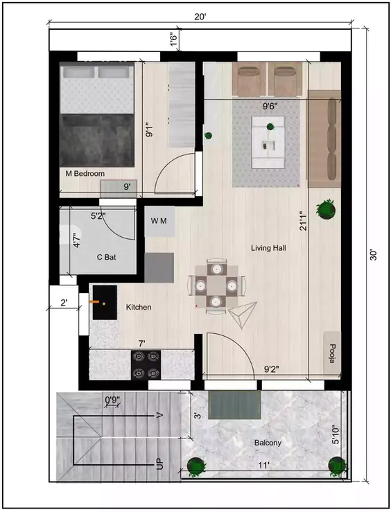 20x30 1 bhk house plan of the Residential building 2nd Floor