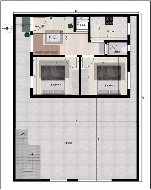 30 * 40 west facing house plan with vastu plot has been thoughtfully designed for rental purposes Ground Floor plan