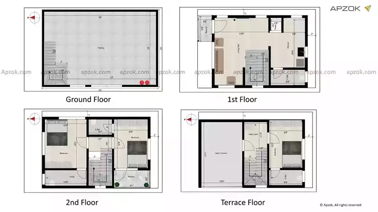 West Face 3BHK Duplex House Layout 30x20 ft | RJ0008