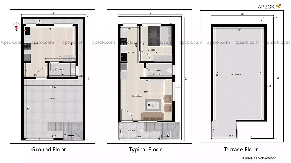 Thumbnail — 18 × 35 ft (5.49 x 10.67 m) 1BHK North house plan, Plan RA0053