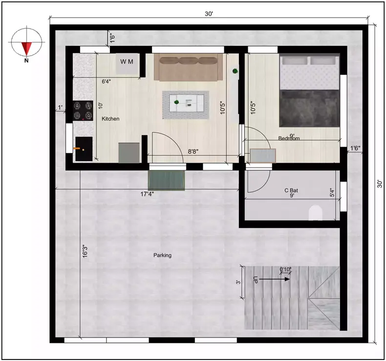 30’x 30’ feet and facing in North direction with G+3 floor Ground Floor Plan