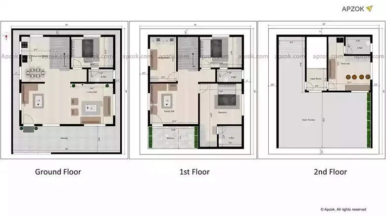 3BHK Duplex North Facing House Design 35x40 ft | RL0153