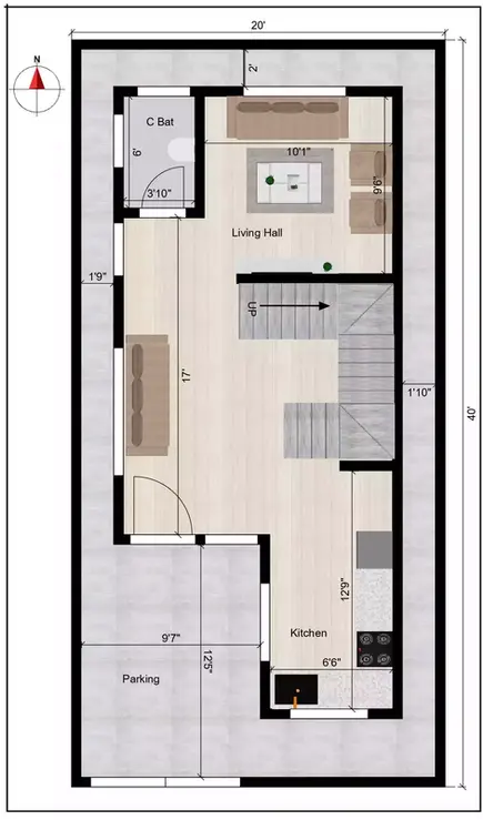 20 40 duplex house plan south facing of the Residential building Ground Floor Plan