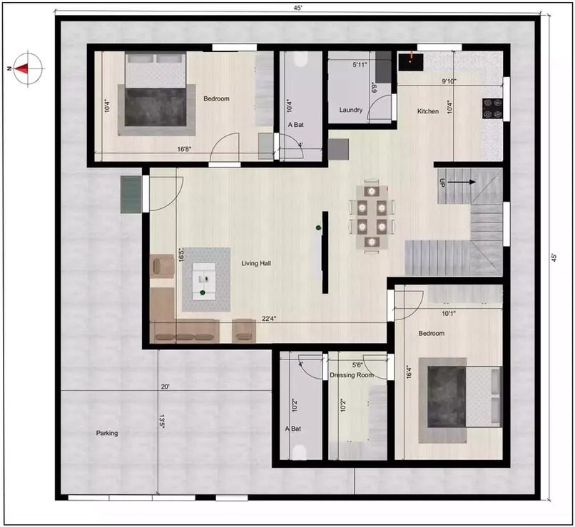 45 45 duplex house plan of the Residential building facing in West direction Ground Floor Plan