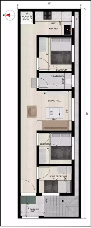 House design 15 * 50 west facing main door of G+3 duplex plan Ground Floor Plan