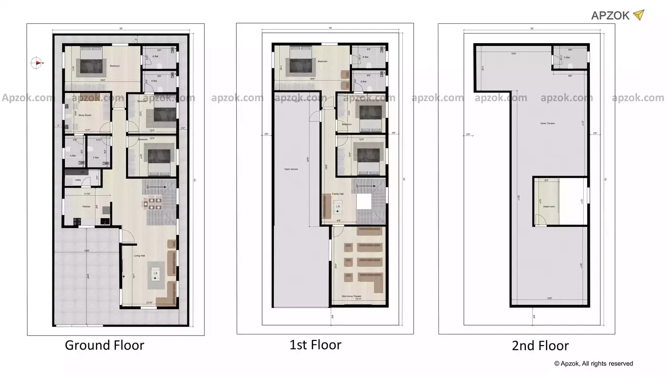 35 * 75 east facing duplex house plan