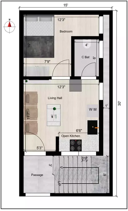 15 * 30 house plan of the Residential building ground Floor Plan