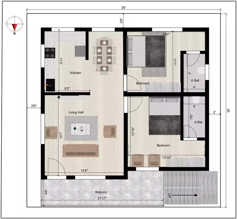 35 35 house plan 2 bedroom of the Residential building size 1st Floor Plan