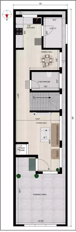 15 * 60 house plan cost north facing plot Ground Floor Plan