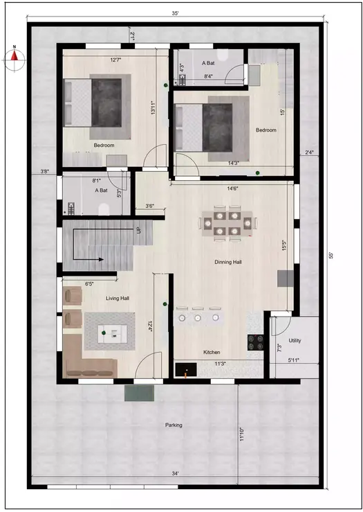 35 x 55 south facing house plan of the Residential building ground floor plan