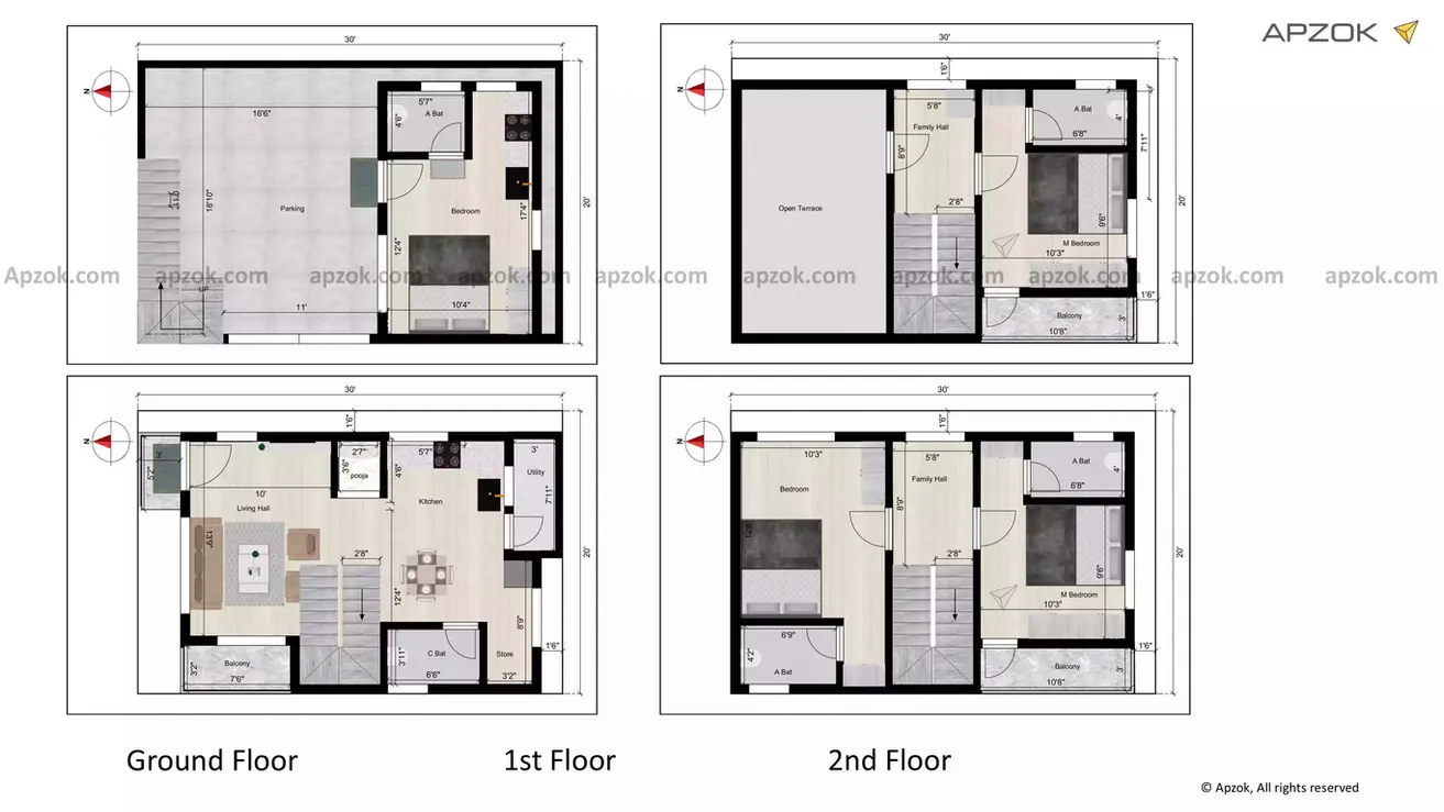 30' x 20' feet and faces west, designed with a G+3 structure
