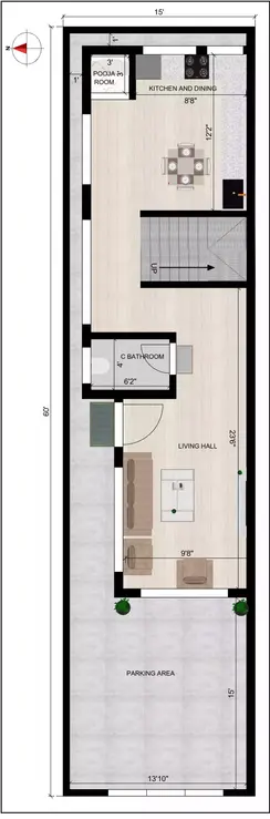 15x60 home design west facing duplex of the Residentail Building Ground Floor Plan