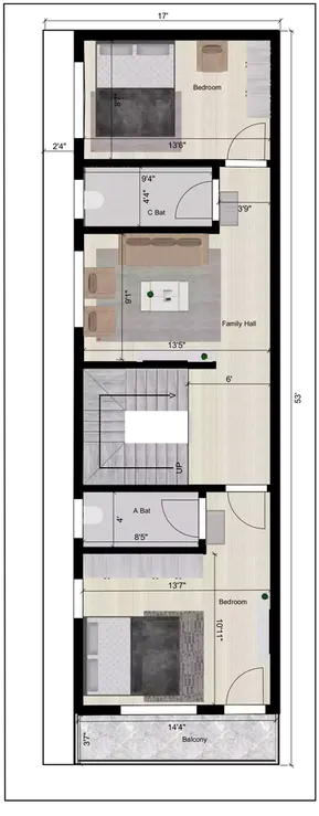 17 * 53 feet house plan 4 bedroom Duplex design of the Residential building 1st Floor Plan
