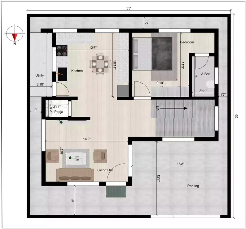 35 * 35 house plan 4 bhk duplex north facing of the Residential building ground floor plan