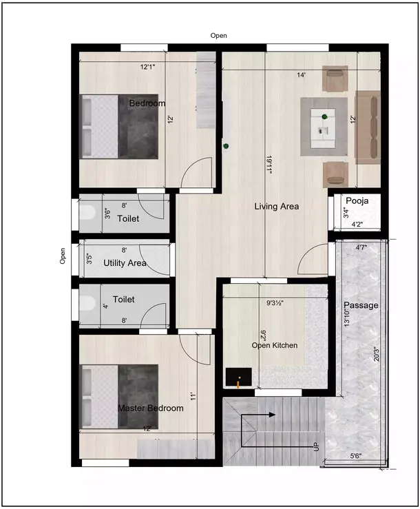 30 * 40 south face house plan of the Residential building 1st Floor Plan