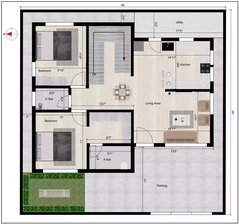 40 40 duplex house plan of the Residential building facing in West direction Ground Floor Plan
