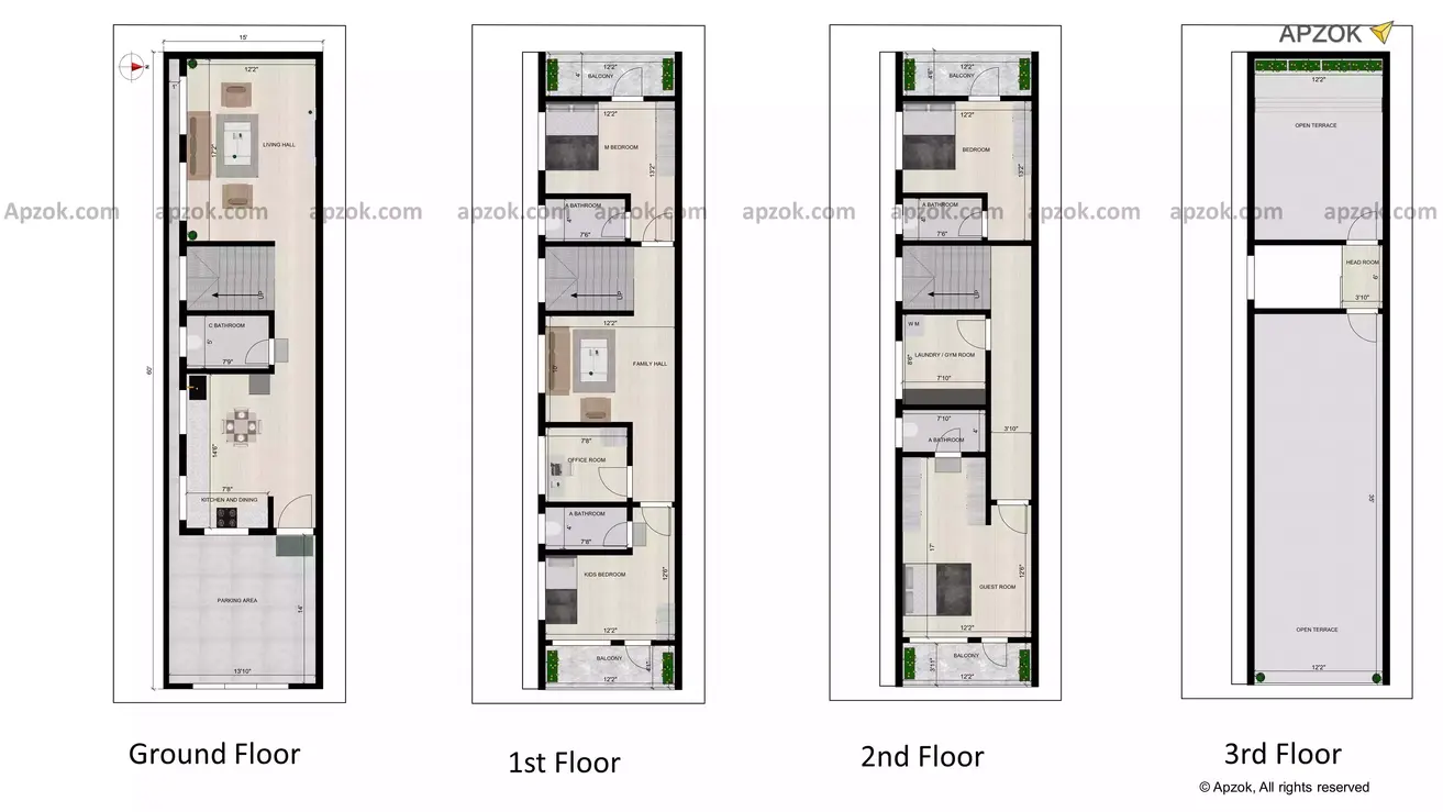 15x60 east facing house plans with G+3 floor