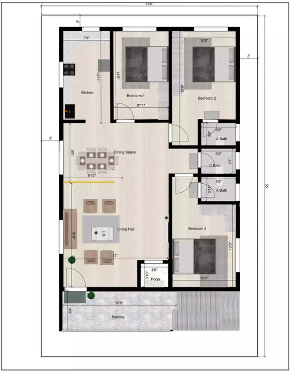 North facing, 35 by 55, 2BHK and 3BHK rental house constructed based on the principles of Vastu 2nd Floor Plan
